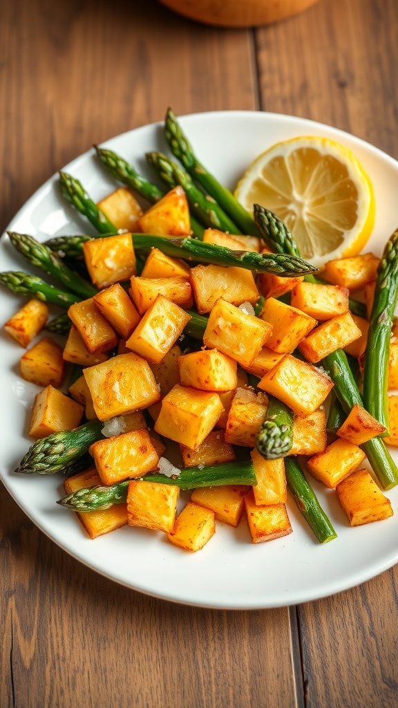 Crispy Air Fryer Chopped Asparagus Recipe Crispy air-fried chopped asparagus on a white plate, garnished with lemon, on a rustic wooden table.